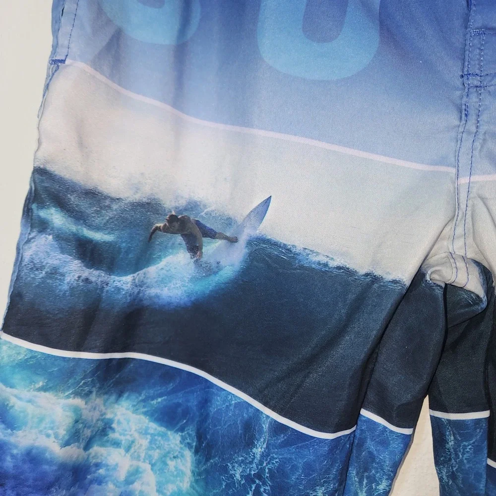 Tru Cal Board Shorts Mens LG Blue Surf Wave Graphic Print Swim Trunks Mesh Lined